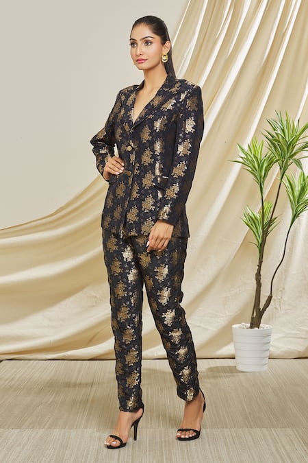 Buy_Peenacolada_Black Silk Brocade Floral Pattern Notched Lapel Blazer And Trouser Set _Online_at_Aza_Fashions