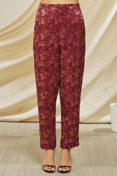 Peenacolada Maroon Wool, Silk Metallic Thread, Floral Pattern Blazer And Trouser Set at Aza Fashions Peenacolada_Maroon Wool, Silk Metallic Thread, Floral Pattern Blazer And Trouser Set _at_Aza_Fashions