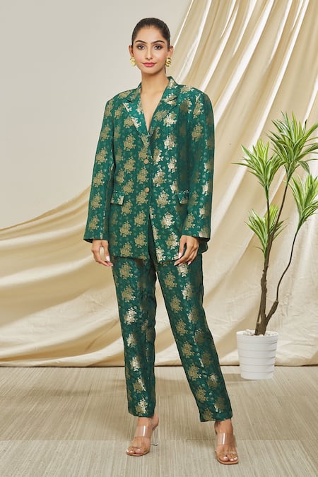 Buy Peenacolada Green Wool, Silk Embroidery Woven Brocade Blazer And Trouser Set Online at Aza Fashions Buy_Peenacolada_Green Wool, Silk Embroidery Woven Brocade Blazer And Trouser Set _Online_at_Aza_Fashions