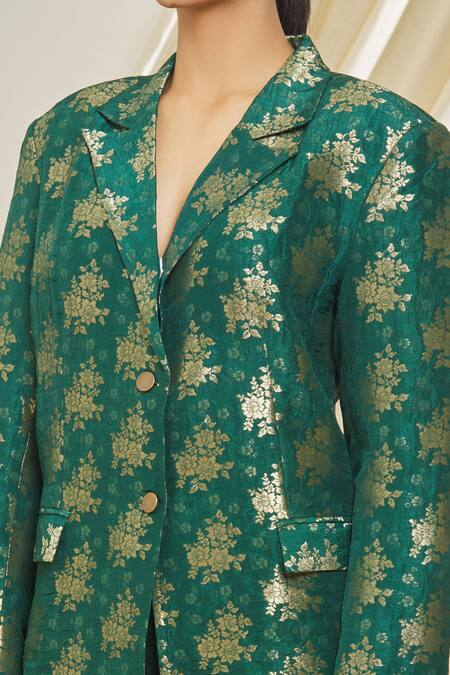 Shop Peenacolada Green Wool, Silk Embroidery Woven Brocade Blazer And Trouser Set Online at Aza Fashions Shop_Peenacolada_Green Wool, Silk Embroidery Woven Brocade Blazer And Trouser Set _Online_at_Aza_Fashions