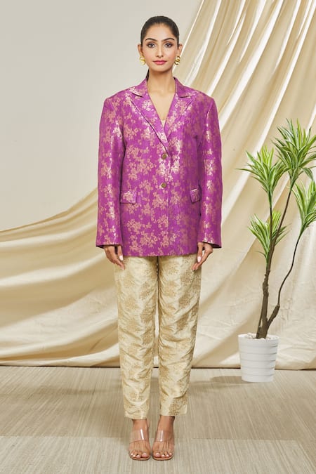 Peenacolada_Cream Silk Brocade Floral Pattern Notched Lapel Blazer And Trouser Set _Online_at_Aza_Fashions