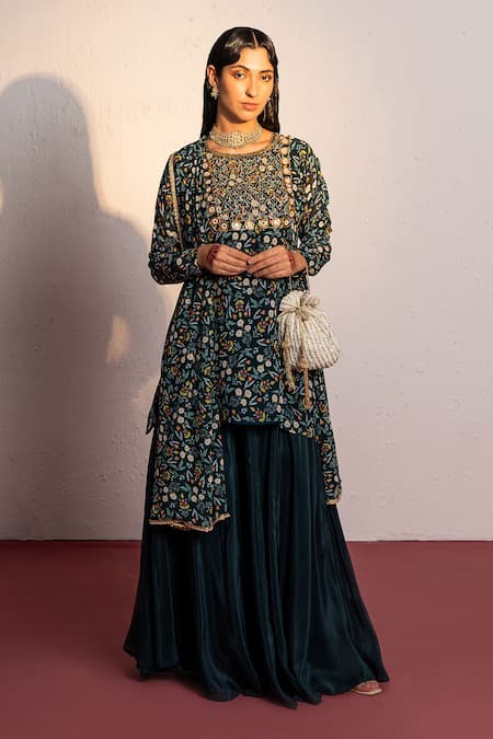 Redpine Designs Green Kurta And Dupatta Viscose Georgette Printed Floral Blossom Sharara Set 