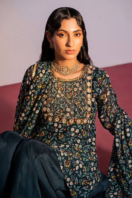 Shop Redpine Designs Green Viscose, Georgette, Organza Floral Blossom Print Kurta Sharara Set Online at Aza Fashions Shop_Redpine Designs_Green Viscose, Georgette, Organza Floral Blossom Print Kurta Sharara Set _Online_at_Aza_Fashions