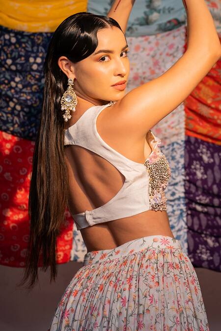 Buy Redpine Designs Ivory Viscose, Silk Sequins, Embroidery Round Neck Floral Jaal Print Lehenga Set Online at Aza Fashions Buy_Redpine Designs_Ivory Viscose, Silk Sequins, Embroidery Round Neck Floral Jaal Print Lehenga Set _Online_at_Aza_Fashions