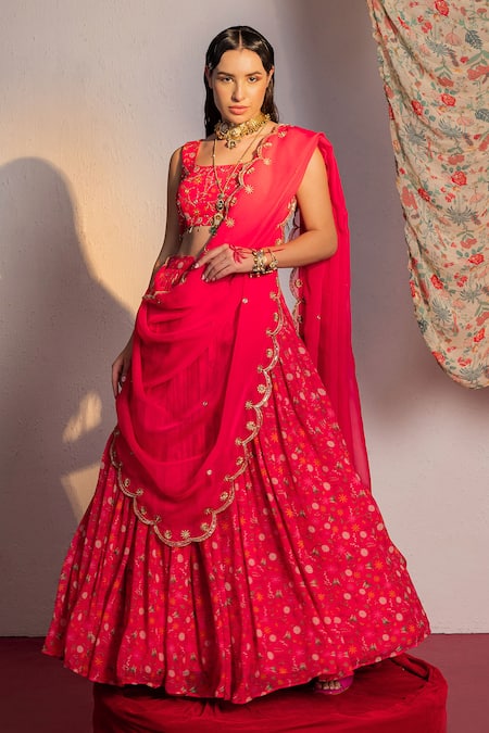 Redpine Designs Pink Lehenga And Blouse Viscose Georgette Printed Floral Square Garden Set 