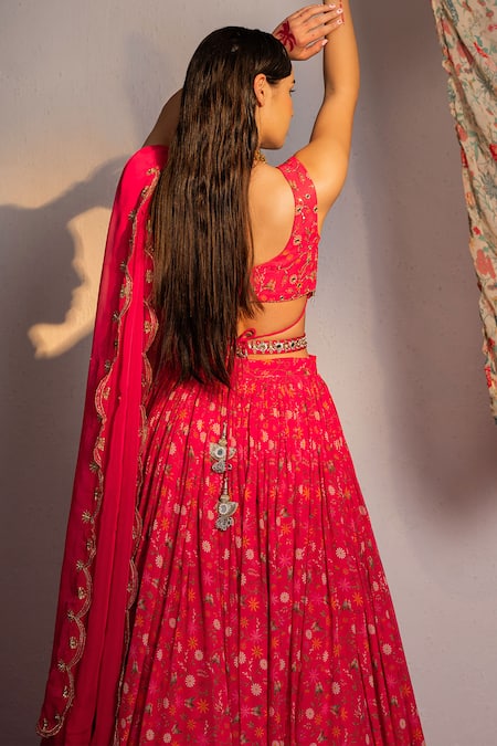 Shop Redpine Designs Pink Viscose, Georgette, Organza, Crepe Floral Garden Print Lehenga Set at Aza Fashions Shop_Redpine Designs_Pink Viscose, Georgette, Organza, Crepe Floral Garden Print Lehenga Set _at_Aza_Fashions