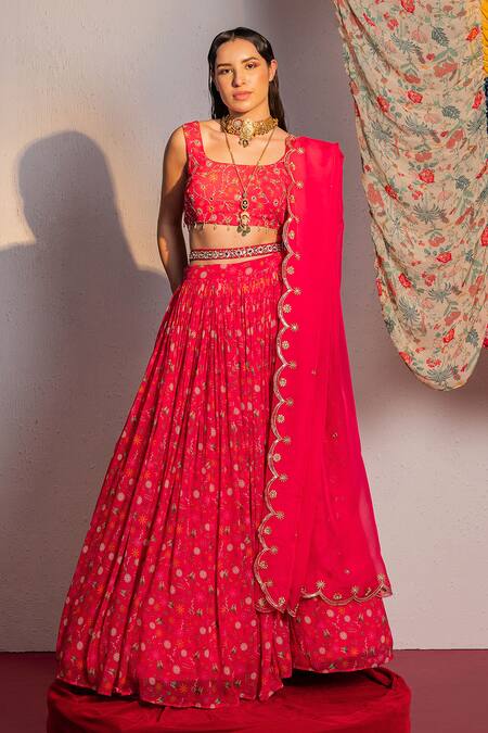 Redpine Designs Pink Viscose, Georgette, Organza, Crepe Floral Garden Print Lehenga Set Online at Aza Fashions Redpine Designs_Pink Viscose, Georgette, Organza, Crepe Floral Garden Print Lehenga Set _Online_at_Aza_Fashions