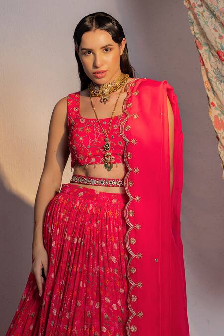 Shop Redpine Designs Pink Viscose, Georgette, Organza, Crepe Floral Garden Print Lehenga Set Online at Aza Fashions Shop_Redpine Designs_Pink Viscose, Georgette, Organza, Crepe Floral Garden Print Lehenga Set _Online_at_Aza_Fashions