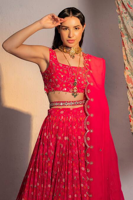 Redpine Designs Pink Viscose, Georgette, Organza, Crepe Floral Garden Print Lehenga Set at Aza Fashions Redpine Designs_Pink Viscose, Georgette, Organza, Crepe Floral Garden Print Lehenga Set _at_Aza_Fashions