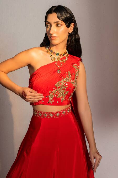 Buy Redpine Designs Red Viscose, Crepe Zari One Zardozi Embroidered Placement Blouse With Lehenga Online at Aza Fashions Buy_Redpine Designs_Red Viscose, Crepe Zari One Zardozi Embroidered Placement Blouse With Lehenga _Online_at_Aza_Fashions