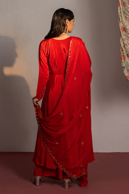 Shop Redpine Designs Red Viscose, Crepe Cut Work, Mirrors Round Embroidered Yoke Anarkali Palazzo Set at Aza Fashions Shop_Redpine Designs_Red Viscose, Crepe Cut Work, Mirrors Round Embroidered Yoke Anarkali Palazzo Set _at_Aza_Fashions