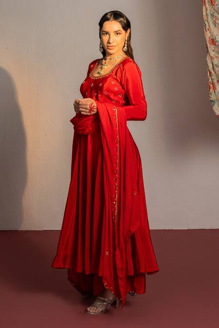 Redpine Designs Red Viscose, Crepe Cut Work, Mirrors Round Embroidered Yoke Anarkali Palazzo Set Online at Aza Fashions Redpine Designs_Red Viscose, Crepe Cut Work, Mirrors Round Embroidered Yoke Anarkali Palazzo Set _Online_at_Aza_Fashions