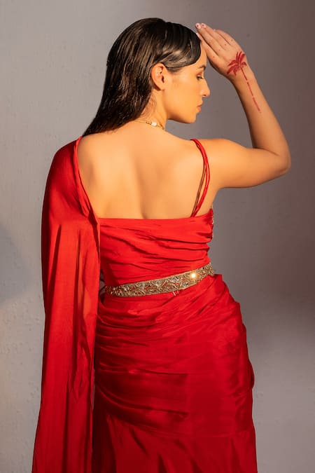 Shop Redpine Designs Red Viscose, Crepe Sequins Square Neck Solid Ruffle Pre Draped Saree With Blouse at Aza Fashions Shop_Redpine Designs_Red Viscose, Crepe Sequins Square Neck Solid Ruffle Pre Draped Saree With Blouse _at_Aza_Fashions