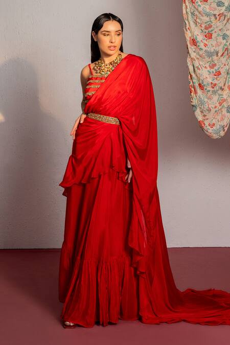 Redpine Designs Red Viscose, Crepe Sequins Square Neck Solid Ruffle Pre Draped Saree With Blouse Online at Aza Fashions Redpine Designs_Red Viscose, Crepe Sequins Square Neck Solid Ruffle Pre Draped Saree With Blouse _Online_at_Aza_Fashions