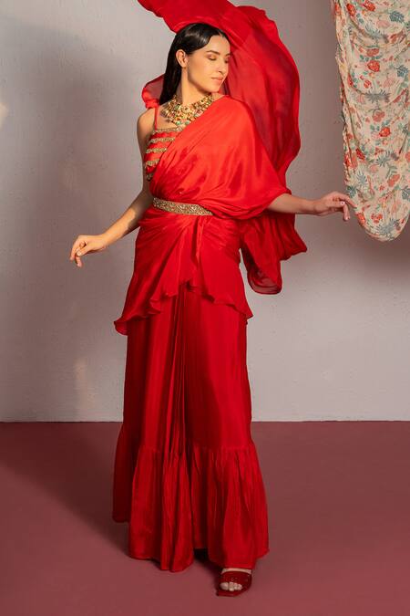 Buy Redpine Designs Red Viscose, Crepe Sequins Square Neck Solid Ruffle Pre Draped Saree With Blouse Online at Aza Fashions Buy_Redpine Designs_Red Viscose, Crepe Sequins Square Neck Solid Ruffle Pre Draped Saree With Blouse _Online_at_Aza_Fashions