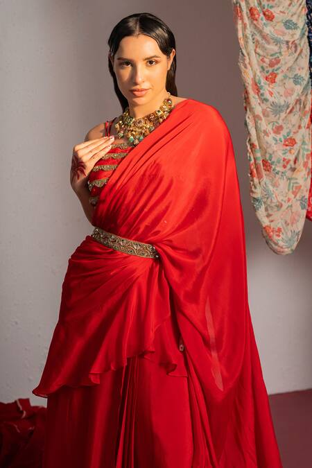 Shop Redpine Designs Red Viscose, Crepe Sequins Square Neck Solid Ruffle Pre Draped Saree With Blouse Online at Aza Fashions Shop_Redpine Designs_Red Viscose, Crepe Sequins Square Neck Solid Ruffle Pre Draped Saree With Blouse _Online_at_Aza_Fashions