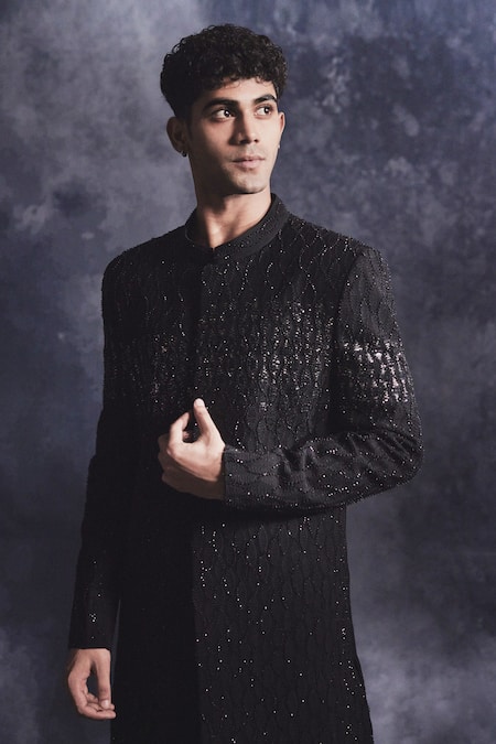 Varun Chakkilam_Black Poly Blend Suiting Fabric Embroidered Sequins Waves Sherwani Set  _Online_at_Aza_Fashions