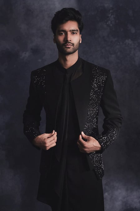 Varun Chakkilam Black Poly Blend Suiting Fabric Metallic Open Jacket And Kurta Set Online at Aza Fashions Varun Chakkilam_Black Poly Blend Suiting Fabric Metallic Open Jacket And Kurta Set _Online_at_Aza_Fashions