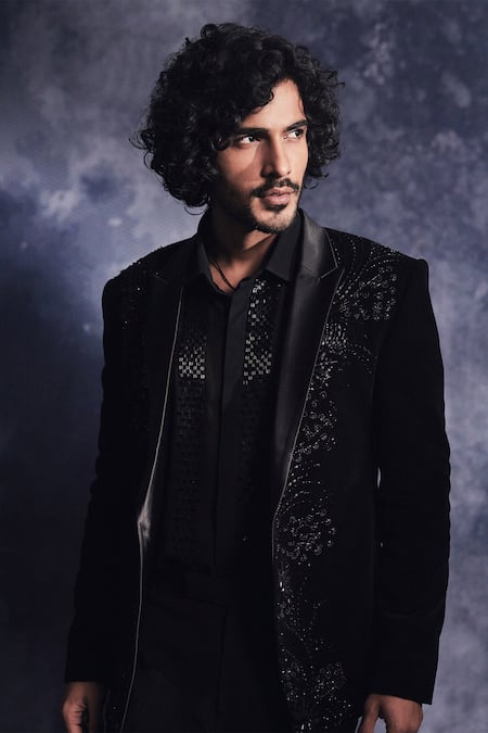 Shop Varun Chakkilam Black Poly Blend Suiting Fabric Embroidered Glass Beads Blazer Pant Set at Aza Fashions Shop_Varun Chakkilam_Black Poly Blend Suiting Fabric Embroidered Glass Beads Blazer Pant Set _at_Aza_Fashions