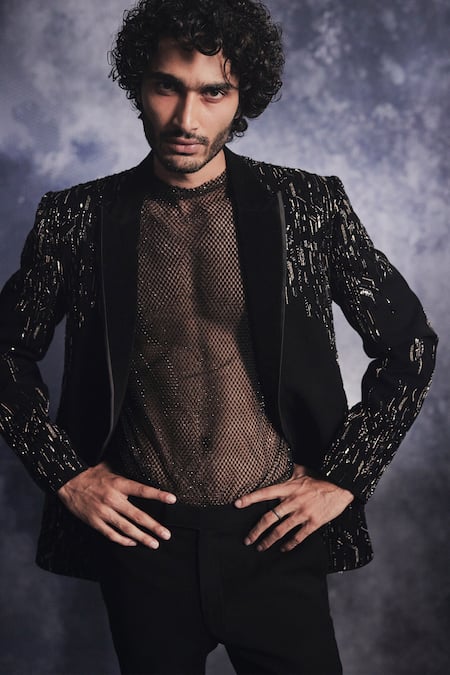 Varun Chakkilam Black Poly Blend Suiting Fabric Dash-lines Jacket And Pant Set Online at Aza Fashions Varun Chakkilam_Black Poly Blend Suiting Fabric Dash-lines Jacket And Pant Set _Online_at_Aza_Fashions