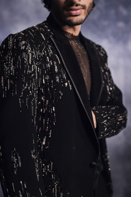 Buy Varun Chakkilam Black Poly Blend Suiting Fabric Dash-lines Jacket And Pant Set Online at Aza Fashions Buy_Varun Chakkilam_Black Poly Blend Suiting Fabric Dash-lines Jacket And Pant Set _Online_at_Aza_Fashions