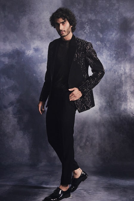 Shop Varun Chakkilam Black Poly Blend Suiting Fabric Dash-lines Jacket And Pant Set at Aza Fashions Shop_Varun Chakkilam_Black Poly Blend Suiting Fabric Dash-lines Jacket And Pant Set _at_Aza_Fashions