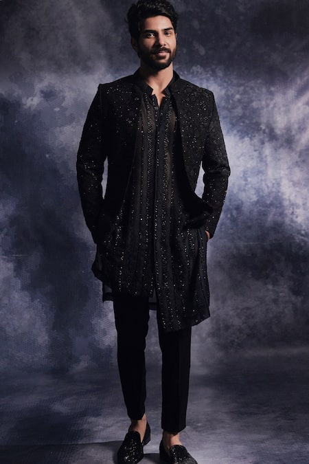 Varun Chakkilam Black Poly Blend Suiting Fabric Embroidered Open Jacket And Kurta Set Online at Aza Fashions Varun Chakkilam_Black Poly Blend Suiting Fabric Embroidered Open Jacket And Kurta Set _Online_at_Aza_Fashions