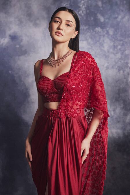 Varun Chakkilam Red Silk Organza Embroidered Glass Beads Draped Skirt With Blouse Online at Aza Fashions Varun Chakkilam_Red Silk Organza Embroidered Glass Beads Draped Skirt With Blouse _Online_at_Aza_Fashions