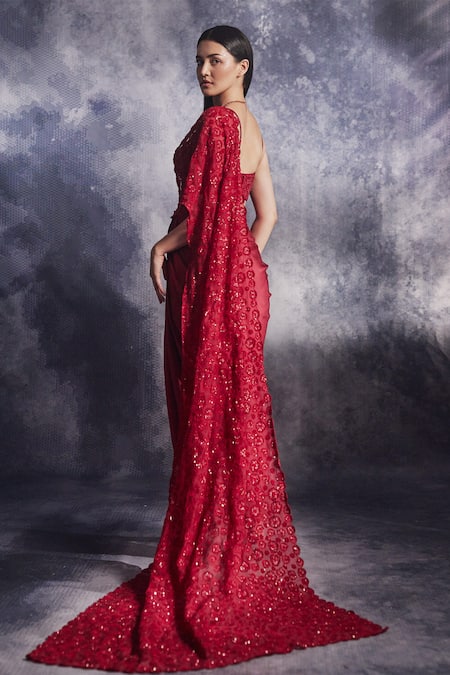 Shop Varun Chakkilam Red Silk Organza Embroidered Glass Beads Draped Skirt With Blouse at Aza Fashions Shop_Varun Chakkilam_Red Silk Organza Embroidered Glass Beads Draped Skirt With Blouse _at_Aza_Fashions