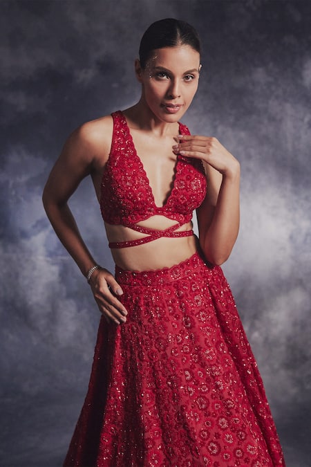 Varun Chakkilam Red Silk Organza Beads, Crystals, Stones, Floral Bloom Lehenga And Blouse Set Online at Aza Fashions Varun Chakkilam_Red Silk Organza Beads, Crystals, Stones, Floral Bloom Lehenga And Blouse Set _Online_at_Aza_Fashions