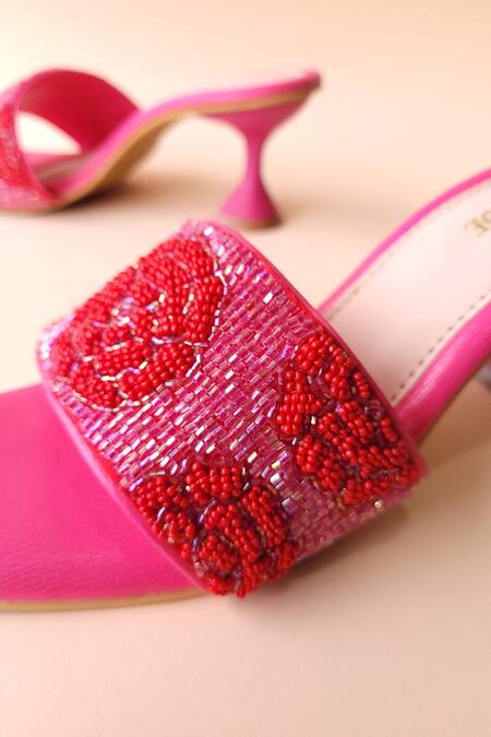 Tic Tac Toe Footwear_Pink Embroidered Beaded Block Heels_Online_at_Aza_Fashions