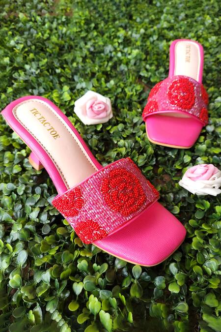 Buy_Tic Tac Toe Footwear_Pink Embroidered Beaded Block Heels_Online_at_Aza_Fashions