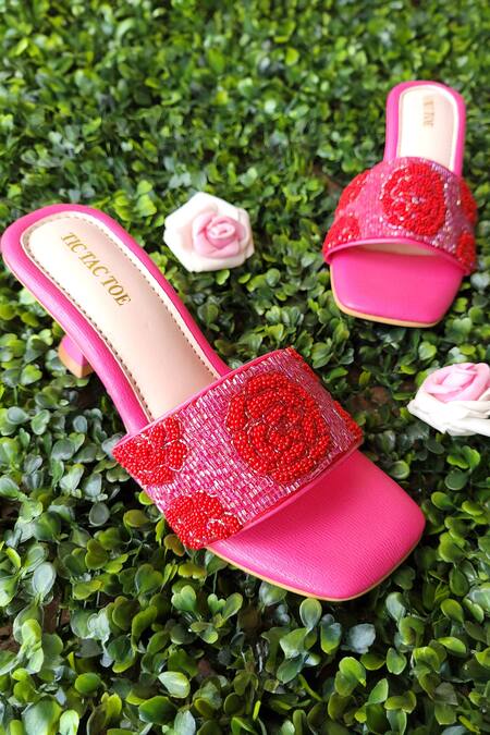 Shop_Tic Tac Toe Footwear_Pink Embroidered Beaded Block Heels_at_Aza_Fashions