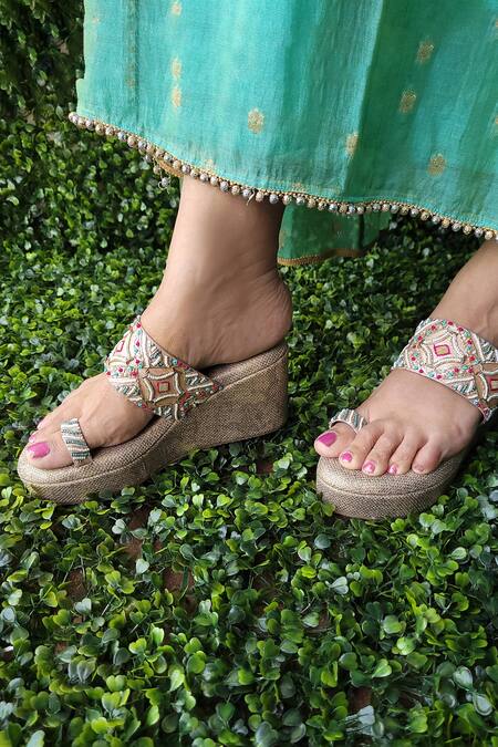 Tic Tac Toe Footwear_Gold Embroidery Bead Strap Wedges _Online_at_Aza_Fashions