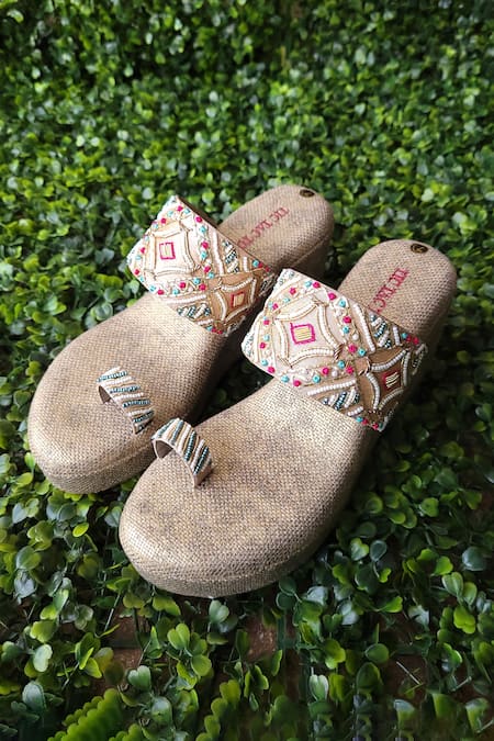 Tic Tac Toe Footwear Bead Embroidered Strap Wedges 