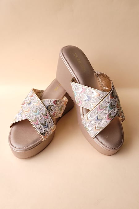 Tic Tac Toe Footwear Embroidered Cross Strap Wedges 