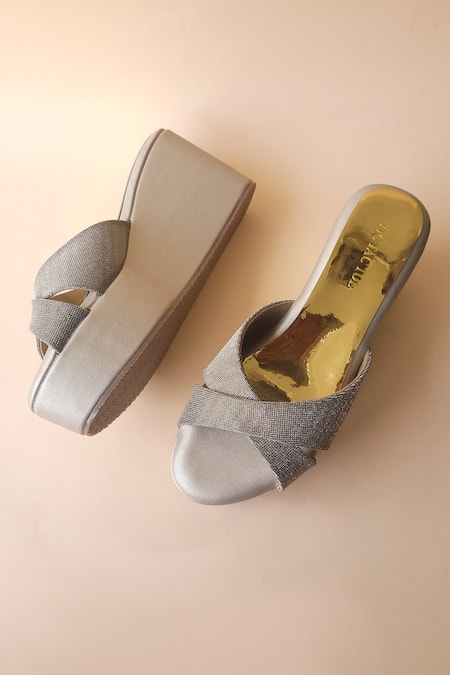 Tic Tac Toe Footwear Grey Embellished Shimmer Strap Cross Wedges 