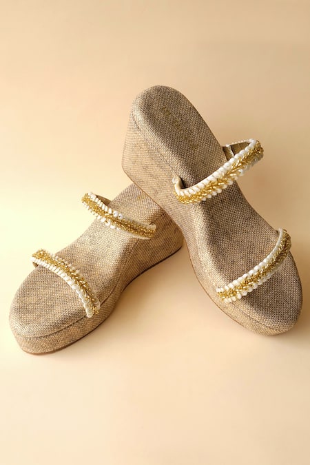 Tic Tac Toe Footwear Pearl Strap Embellished Wedges 