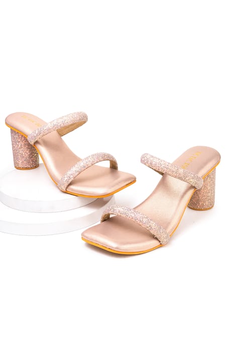 Tic Tac Toe Footwear Gold Embellished Glitter Strap Block Heels 