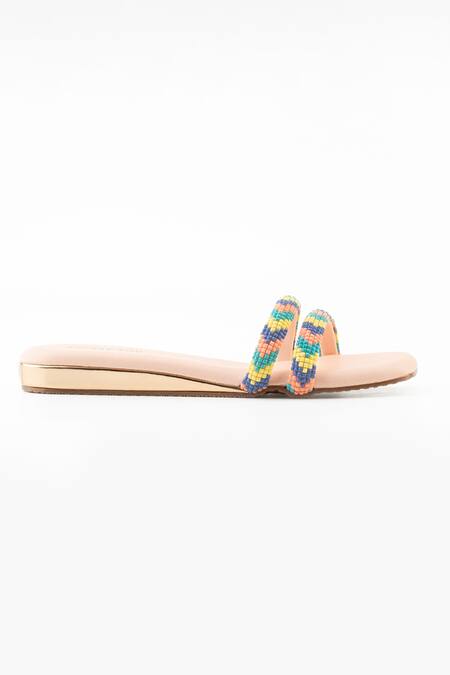 Shop Tic Tac Toe Footwear Pink Bead Strap Embellished Flats at Aza Fashions Shop_Tic Tac Toe Footwear_Pink Bead Strap Embellished Flats_at_Aza_Fashions