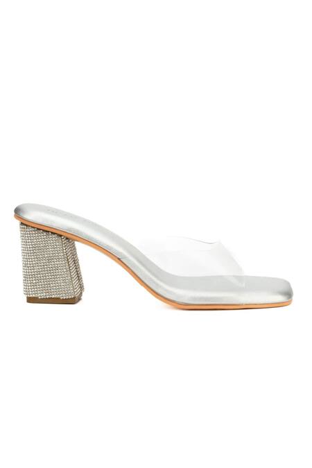 Tic Tac Toe Footwear_Silver Diamond Studded Block Heels_Online_at_Aza_Fashions