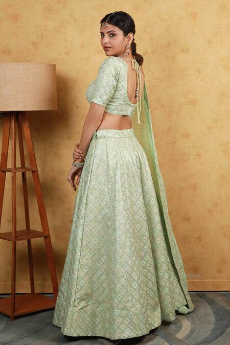 Shop Kohsh Green Silk, Chiffon Sequins, Embroidery V-neck Thread Lehenga Set at Aza Fashions Shop_Kohsh_Green Silk, Chiffon Sequins, Embroidery V-neck Thread Lehenga Set_at_Aza_Fashions