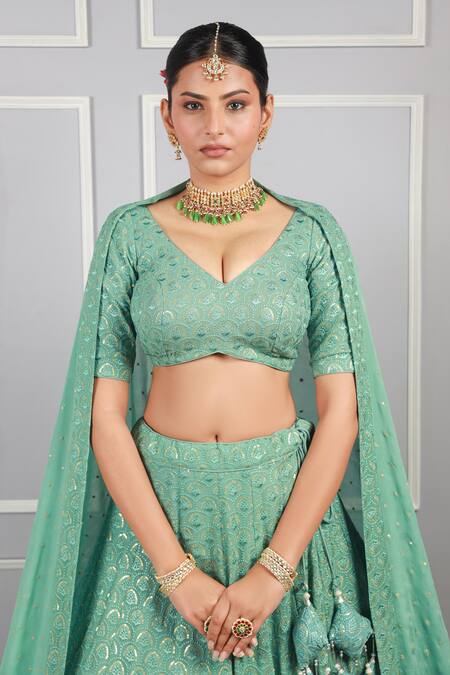 Kohsh_Green Georgette Embroidery, Sequins V-neck Floral Lehenga Set_Online_at_Aza_Fashions