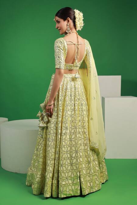 Shop_Kohsh_Yellow Georgette Sequins, Embroidery V-neck Floral Lehenga Set_at_Aza_Fashions