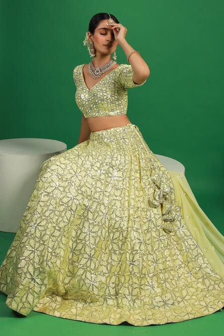Buy_Kohsh_Yellow Georgette Sequins, Embroidery V-neck Floral Lehenga Set_Online_at_Aza_Fashions