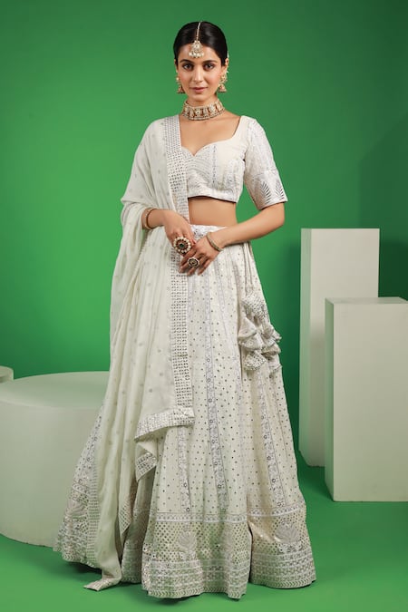 Kohsh White Georgette Embroidered Thread V-neck Mukaish Floral Lehenga Set  