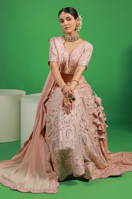 Kohsh_Pink Georgette Sequins, Embroidery V-neck Embellished Lehenga Set_Online_at_Aza_Fashions