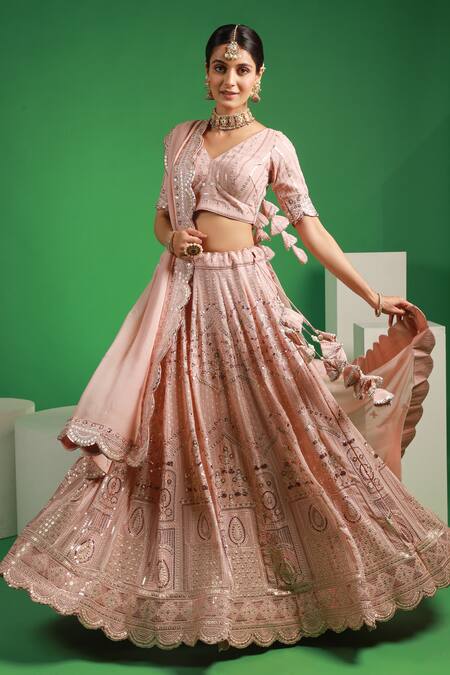 Buy_Kohsh_Pink Georgette Sequins, Embroidery V-neck Embellished Lehenga Set_Online_at_Aza_Fashions