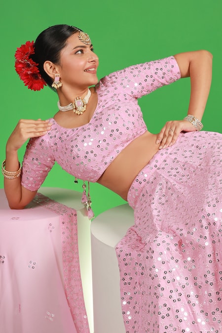 Kohsh Pink Georgette Sequins, Embroidery V-neck Butti Embellished Lehenga Set Online at Aza Fashions Kohsh_Pink Georgette Sequins, Embroidery V-neck Butti Embellished Lehenga Set_Online_at_Aza_Fashions