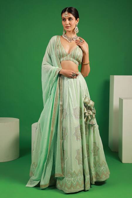 Shop_Kohsh_Green Georgette Embroidery, Mirrors V-neck Lehenga Set_Online_at_Aza_Fashions